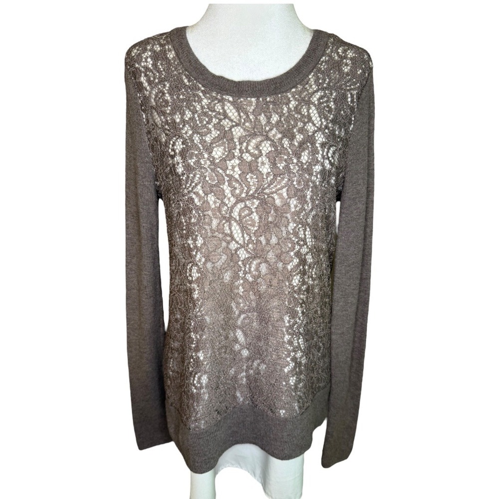 Simply‎ Vera Wang Lace Front Sweater Knit Top Brown Small Small Pullover